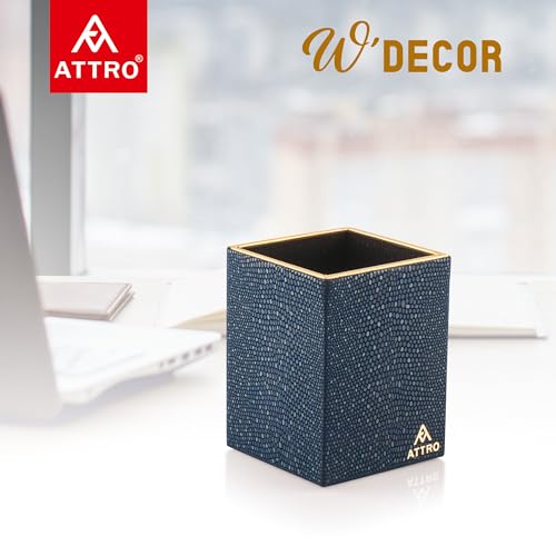 Image of Attro Pen Stand Wooden Designer Square Pen Holder Multipurpose Wooden Desk Organizer Perfect for Study Table, Office Desk- Blue