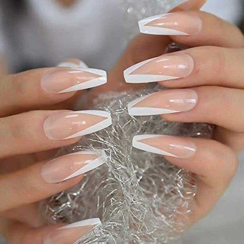 TOPNIU Falscher Nagel 24 stücke Weiß Französisch Ballerina Press Nägel Natürliche Nackte Glänzende Sarg Flat False…