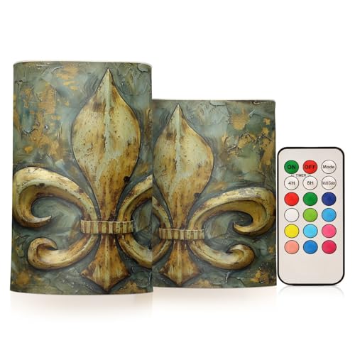 Image of ALAZA Vintage Fleur De Lis Flickering Flameless Candles Battery Operated with Remote Timer,Tea Light Candles LED Pillar Votive Candles Set of 2 for Outdoor Indoor Decorations