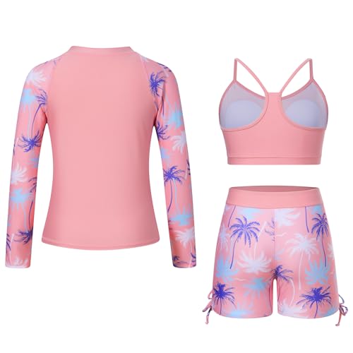 Image of Funnycokid Girls Swimsuit 3 Pieces Zip Rash Guard Bathing Suits Set Kids Bikini Boyshort Summer Swimwear 3-14 Years