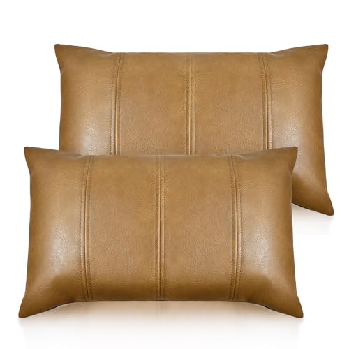 AOOTOOLINK Faux Leather Throw Pillow Covers 12X20 Inch Set of 2 Brown Outdoor Modern Farmhouse Solid Decorative Pillow Covers for Room Couch Living Bedroom Bed Sofa