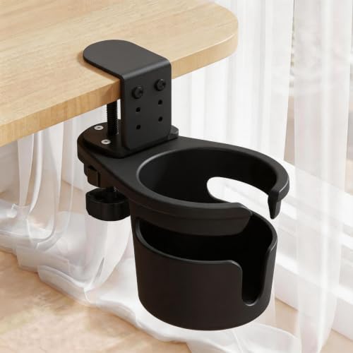 XULIONTS No Drill Desk Cup Holder Clamp, 360° Rotating Anti-Spill Table Cup Holder, Adjustable Clip on Cup Holder for Gaming Desk, Gamer Gift, Drink Holder for Coffee Cup, Office Accessories