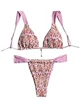 BEAUDRM Women's 2 Piece Gingham Bikini Halter Tie Texture Bikini Triangle Set Y2K Beachwear Swimsuit High Waist Bathing Suit Floral Pink Medium