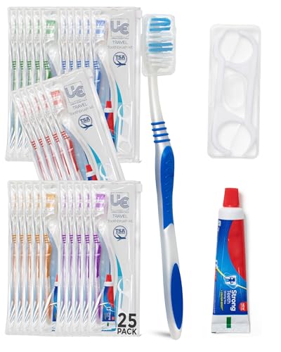 Urban Essentials Bulk Travel Toothbrush Kit - Includes Toothbrush + Cap, Toothpaste, Floss Picks, and Resealable Bag - TSA Approved Dental Care Set - Ideal for Donations Guest Bathroom Essentials (25)