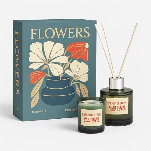 Cofre de Vela Perfumada – Set de Regalo de Lujo con Vela & Mikado – Magnolia & Flor de Algodón – Caja en Forma de Libro – Flowers Collection – Azul