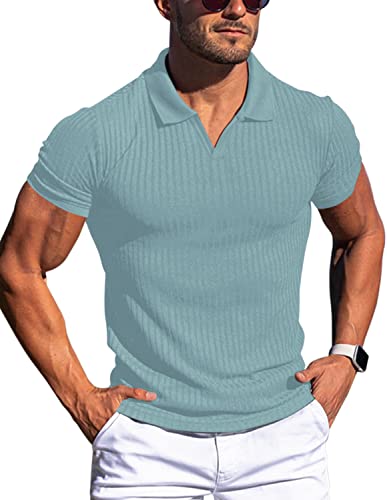 Gnvviwl Polos de algodón con cuello de pico para marcar músculos para hombre, ajustado, de manga corta y larga, camisetas de golf, punto acanalado, camisetas suaves, Azul lago, Small