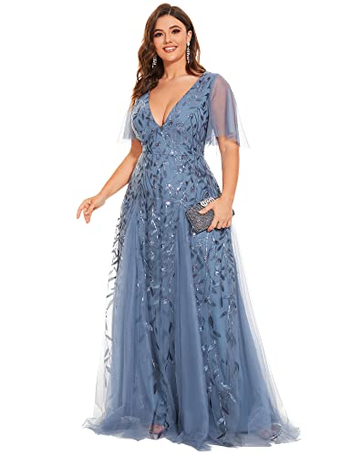 Image of Ever-Pretty Women's Sequin V Neck Plus Size Formal Dresses Evening Gown | Short Sleeve, A-Line, Empire Waist, Plus Size Mother of the Bride Dresses, Plus Size Gala Dress