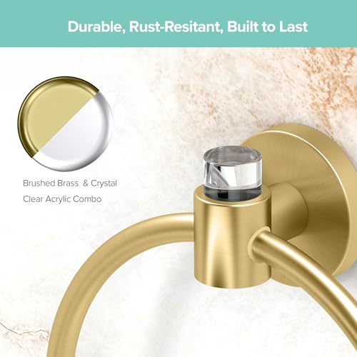 Image of Gatco 5732 Clarion Towel Ring | Wall Mount Bathroom Hand Towel Holder, Modern Bathroom Accessory | Crystal-Clear Acrylic & Brushed Brass Finish