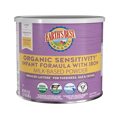 Earth's Best Organic Sensitivity Infant Formula for Babies 0-12 Months, Reduced Lactose Powder Formula with Iron, Omega-3 DHA, and Omega-6 ARA, 21 Ounce Container