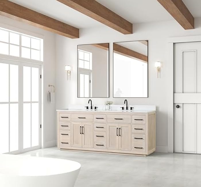 84 Bathroom Vanity with Double Sink, Modern Bathroom Vanity Set with Soft Close Cabinet and 9 Drawers, Solid Wood Bathroom Storage Cabinet with Countertop and Backsplash, Milk Oak