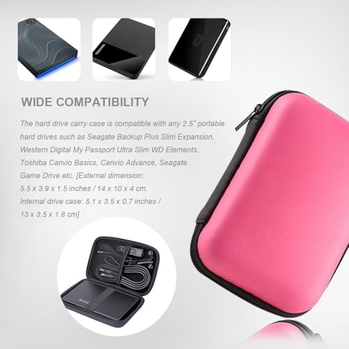 Image of Hard Drive Carrying Case Storage Organizer Bag Multi-Purpose Universal Carry Pouch Compatible with Western Digital WD Elements Seagate, 2.5'' EVA Shockproof Travel Case (Pink)