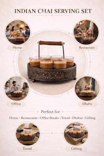 Image of Cutting Chai Glass Set of 6 - Traditional Indian Tea Glasses with Heavy Brown Metal Holder Stand | Tapri Style Chai Cups for Home, Kitchen, Cafe, Restaurant, Dhaba, Office & Tea Stall Use