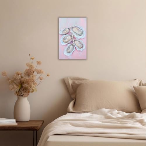 Image of Pastel Blue Oyster Shell Poster Abstract Beachy Shell Canvas Wall Art Trendy Colorful Coastal Shell Picture Prints Painting For Home Living Room Kitchen Restaurant Wall Decor 24x36in Framed
