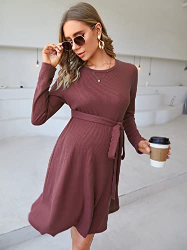 Makemechic Women's Maternity Long Sleeve Waffle Knit Crewneck A Line Belted Dress Redwood M #TOP2