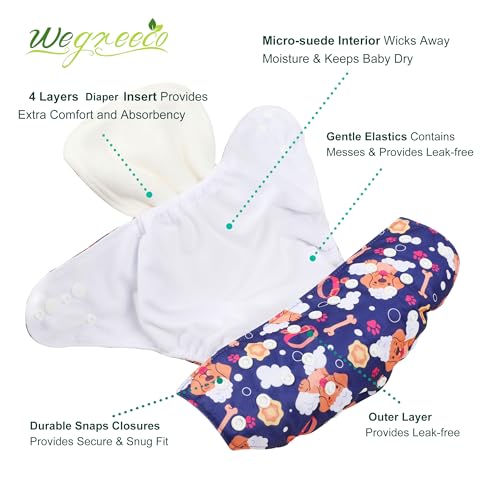 Image of wegreeco Cloth Diapers 6 Pack with 6 Inserts & 1 Wet Bag, Washable Cloth Diapers for Babies, One Size Adjustable Reusable (Little Dogs)