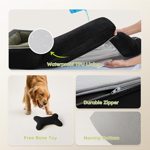 Image of CWAWZ Dog Beds for Large Dogs, Orthopedic Dog Bed with Cooling Gel Memory Foam, Waterproof Large Pet Bed with Removable Washable Cover, 36 inch Pet Sofa Couch Dutch Velvet with Bone Toy, Black