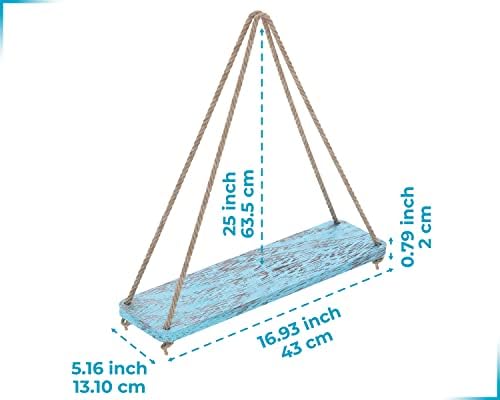 Rustic Set of 2 Wooden Floating Shelves with String  Farmhouse Hanging Shelves for Living Room Wall  Small Kitchen Shelves with Rope  13,10cm x 42cm  Distressed, Rustic Blue Color