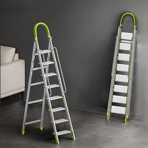 Image of BUILDSKILL Aluminium Ladder for Home 8 Steps | 37x16cm Wide Anti-Slip Aluminium Steps | Stainless Steel Body | Handrails | Load 150 Kg | Foldable Lightweight 9.85KG Ladder for Kitchen, Office & Home