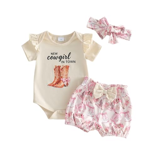 Fufuriprefer Baby Girl Western Clothes Infant Horse Boots Cowgirl Summer Outfits Short Sleeve Romper + Shorts + Headband (Apricot boots 0-3 Months)