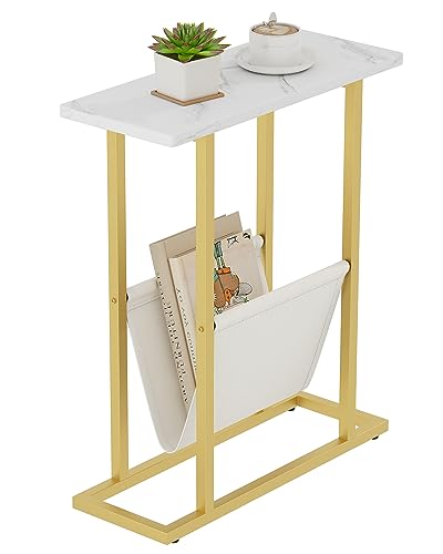 Yusong Table d'appoint étroite, petite table d'appoint avec porte-revues pour petit espace, canapé fin de 45 cm de large, table de chevet pour salon, blanc...