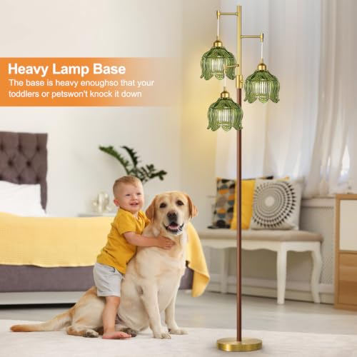 Image of ZECOXOL Wood Floor Lamps for Living Room Bedroom-Rustic Glass Floor Lamp with Three Led Bulb, Modern Mid Century Standing Lamp Brass Vintage Tall Lamp Gold Tree Floor Lamp for Bedroom Corner