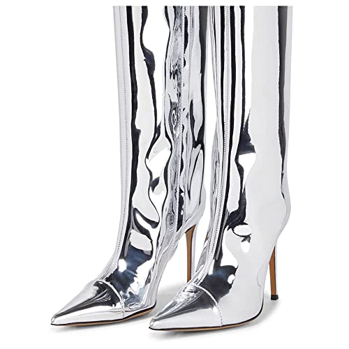 MissHeel Metallic Chrome Stiletto Knee High Fashion Boots with Side Zipper3