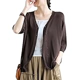 [ODFMCE] カーディガン レディース 夏 薄手 半袖 ゆったり オフィス 七分袖 きれいめ おしゃれ (ブラウン, Free)