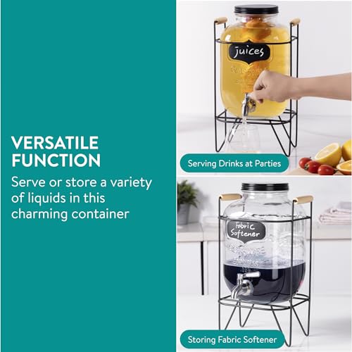 Navaris Dispenser per Bevande in Vetro 5 Litri - Distributore Acqua con Rubinetto e Supporto in Ferro - Inclusi Infusore Frutta e Porta Ghiaccio - Drink Dispenser per Bibite Fredde - immagine 3