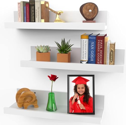 Image of Icona Bay 16 Inch Floating Shelves for Wall, Set of 3 in Powder White, Modern Rustic Style, Wall Mounted Display Shelves, Picture Ledges