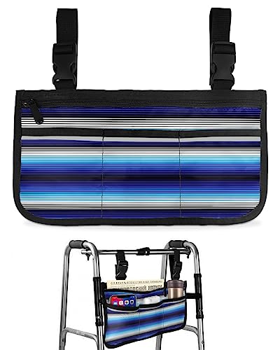 Blue Black Stripes Wheelchair Side Bag Walker Bag, Abstract Art Mexican Tribe Ethnic Wheelchair Accessories Armrest Pouch, Organizer Storage Bag for Walkers, Rollators, Scooters, 7.3''x13''