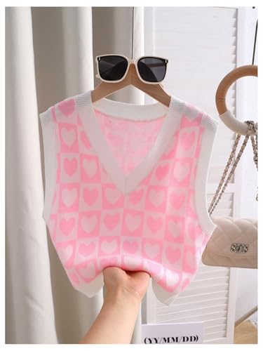 SweatyRocks Girl's Heart Print Sweater Vest V Neck Sleeveless Pullover Knitwear Tops3