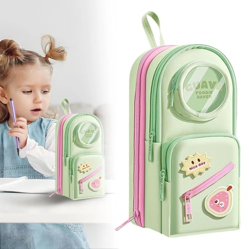 Image of Canvas School Bag Pencil Case, 3 Layer 6 Compartment Large Capacity, Aesthetic Pencil Pouch for Stationary, Cute Stationery for Kids, Pencil Case for Girls & Boys (Guava Foodie - Green)