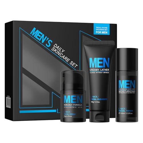LAIKOU Cuidado de la Piel para Hombre, 3 piezas Cuidado Facial Hombre Pack Regalo, Set de Viaje Cuidado Facial, con Leche Limpiadora Tónico Hidratante y Crema