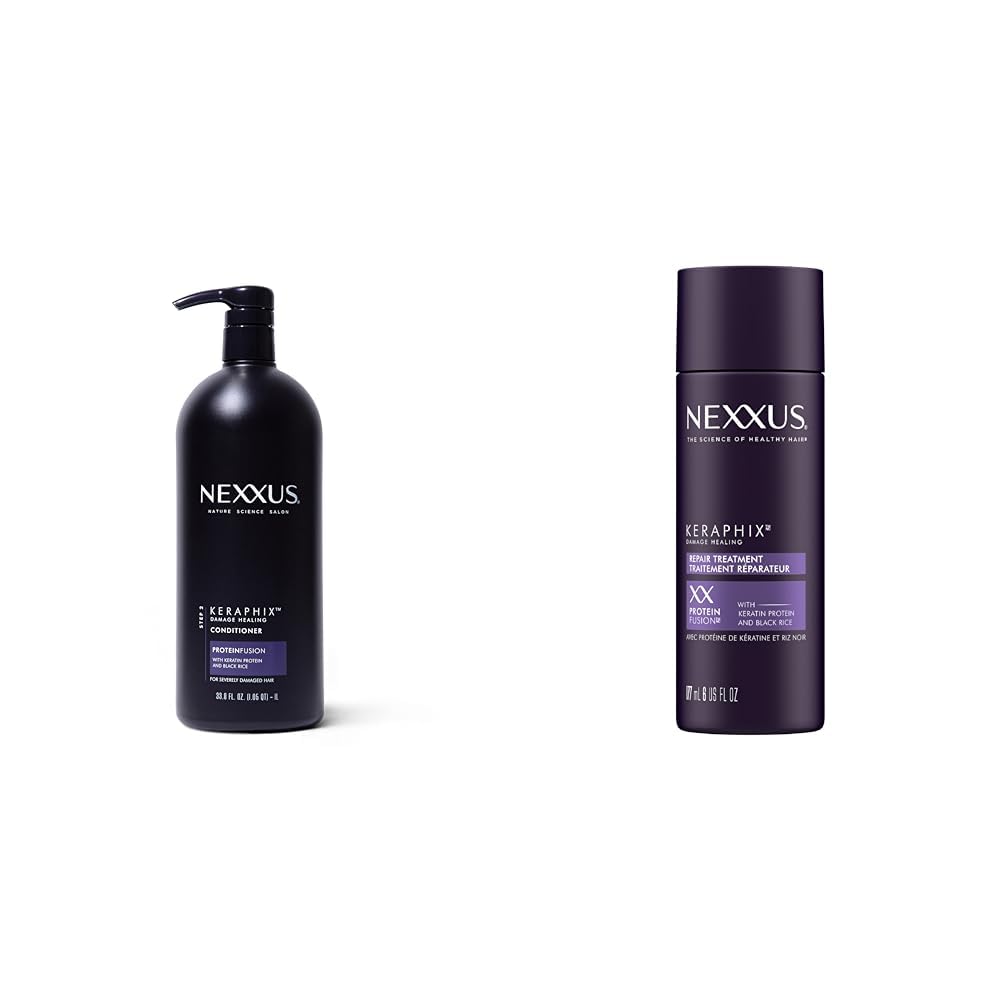 Nexxus Keraphix ProteinFusion Conditioner with Keratin Protein and Black Rice for Damaged Hair 33.8 oz & Damage Repair Pre-Wash Treatment Cream for Dry Hair