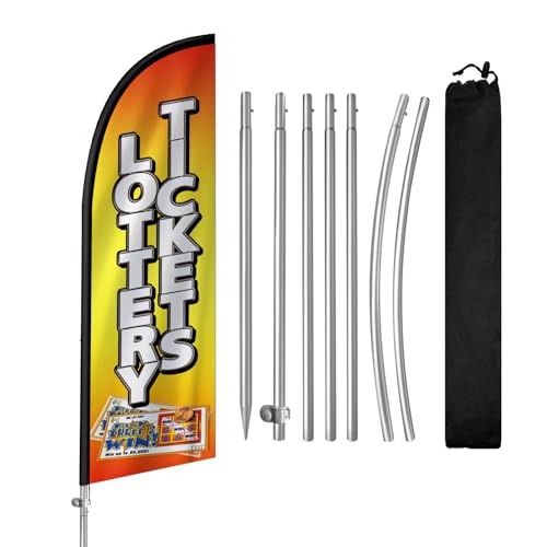 QSUM Lottery Tickets Flag for Business, Lottery Tickets Signs, 8FT Polyester Advertising Swooper Flag with Aluminium Alloy Flag Pole Kit, Stainless Steel, Ground Spike, Portable Bag