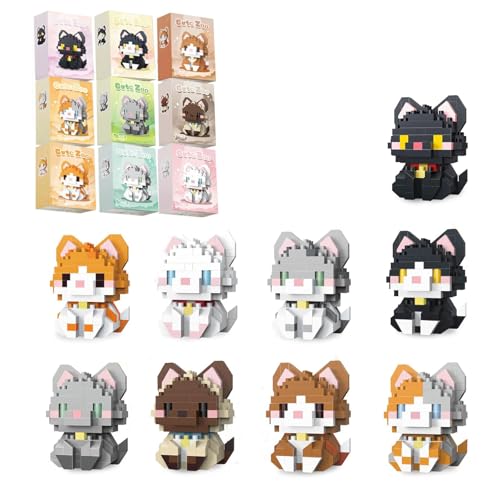 QISHOUTING 9 Packs Mini Cats Building Blocks, 9 Styles Small Cute Cat Building Set,Miniature Cat Figurine Toys for Adults Women,Birthday Party Favors Stocking Stuffers