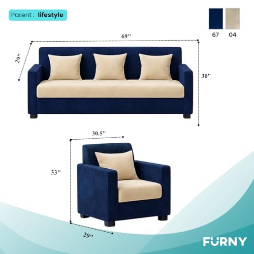 Image of FURNY Lexon 3 Seater + 1 Seater + 1 Seater Fabric Sofa Set (Dark Blue-Cream) with Velvet Finish | Durable Comfort | Ideal for Living Room