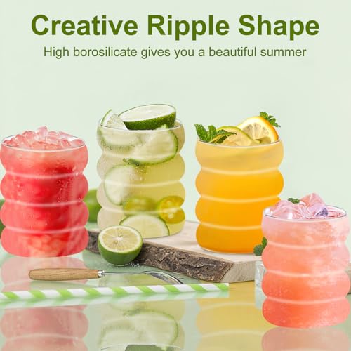 Miniatura 3 de Uptvin 4 Piezas Vasos Con Rayas Con Pajillas De Cristal, Taza Bubble De 350ml, Vaso Matcha Con Pajilla, Taza Para Café, Vasos De Eiskaffee Con Rayas Para Cócteles Whisky Té Soda Café
