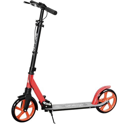 HOMCOM One-click Folding Kick Scooter for 14+ w/Adjustable Handlebar, Push Scooter with Kickstand, Dual Brake System, Shock Absorber, 200mm Wheels & ABEC-9 Bearings, Red