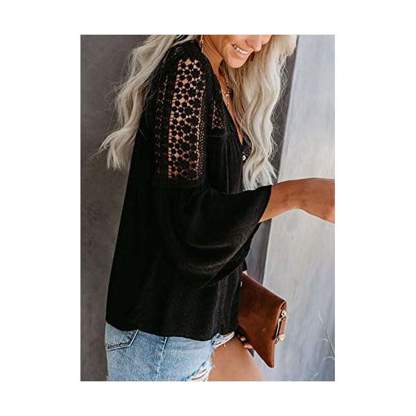 Canikat Women's Fashion Fall Bell Long Sleeve Button Down Tops V Neck Lace Hem Basic Tee Shirts Chiffon Flowy Blouses Black L