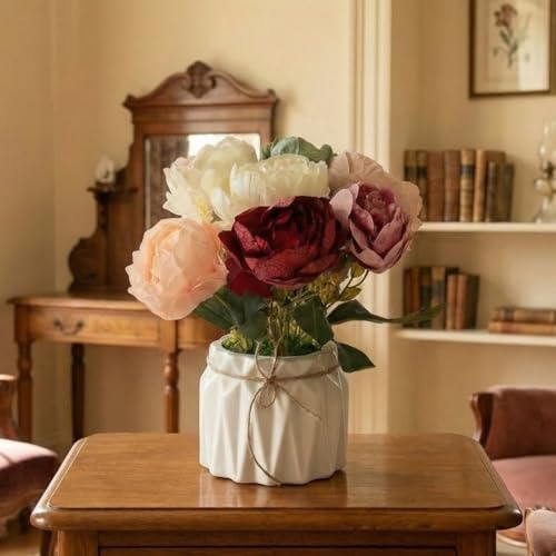Image of Dekorly Artificial Lavender Plant in White Pot, 18cm - Realistic Faux Flower Arrangement for Home & Office Decor (Set of 1) (1, Peony)