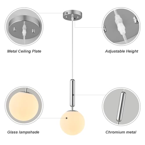 Image of Modern Hanging Light Fixture Pendant Lighting for Kitchen Island Mid Century Chrome Pendant Lights with Globe Milky White Glass Pendant Light for Bedroom Bathroom Entryway (3 Pack)