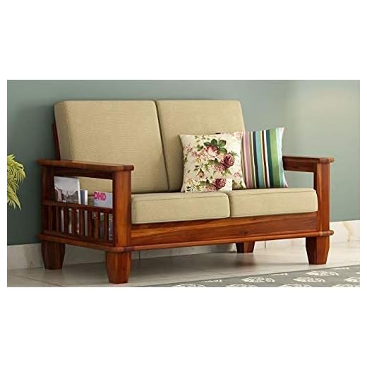 Solid Wooden Sheesham Teak Wood Sofa Set 2 Seater Home Furniture | Living Room | 2 Seater Sofa Set Wooden | Office Furniture Sofa Set | Without Pillow | Cream Cushions | 2 Seater Sofa, Honey Finish