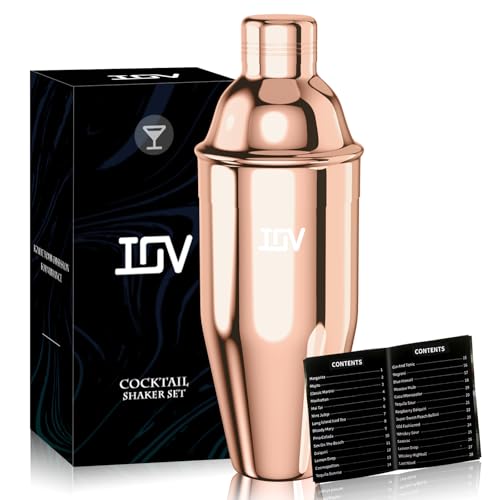 IOV Cocktail Shaker, 24 oz Martini Shaker, Drink Mixer with Built-in Strainer, Professional Stainless Steel Margarita Alcohol Shaker with Cocktail Recipe Guide, Bartender Kit Gifts, Rose Gold
