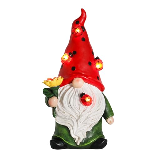 Ovewios Garden Gnome Statue, Resin Sunflower Ladybug Gnome Figurine with Solar Lights for Porch Patio Yard Outdoor Decor