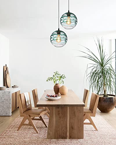 ARIAMOTION Pendant Lighting for Kitchen Island Green Stripe Seeded Glass Modern Coastal Style Light Fixtures for Beach House Dinning Room Table Hand Blown Art Glass Globe 9 Inch Diameter 2Pack - Image 2
