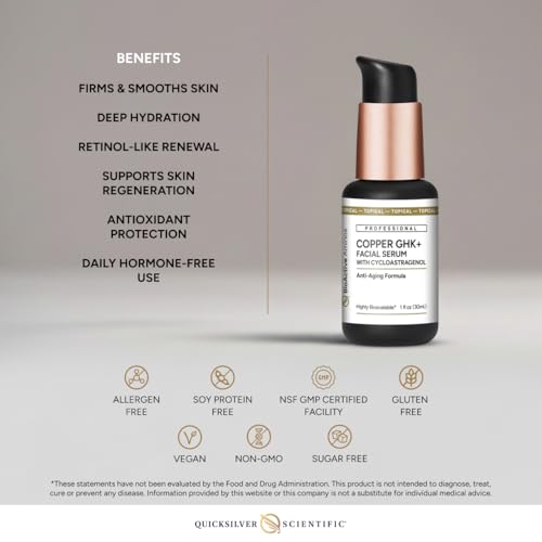Quicksilver Scientific Copper GHK+ Facial Serum with Cycloastragenol - Copper Peptide Serum for Healthy Skin Support - Smooth Complexion & Glow - Gluten-Free, Vegan & Non-GMO - 1 fl oz