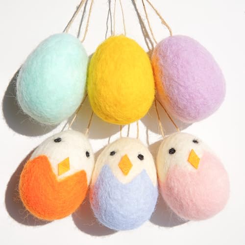 Decorative Easter Eggs, Felted Wool Egg Ornaments for Easter Decoration, Pastel Hanging Eggs with...