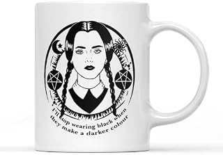 Wednesday Addams Mug Tea Coffee Cup - I'll Stop Wearing Black When They Make A Darker Colour Quote Halloween Family Dark Goth Alternative TV Film Gift Present (White Handle Prime)