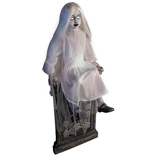 Haunted Hill Farm Motion-Activated Sitting Tombstone Girl by Tekky, Talking Animatronic for Indoor or Covered Outdoor Creepy Halloween Decorations, Plug-In or Battery Operated Prop